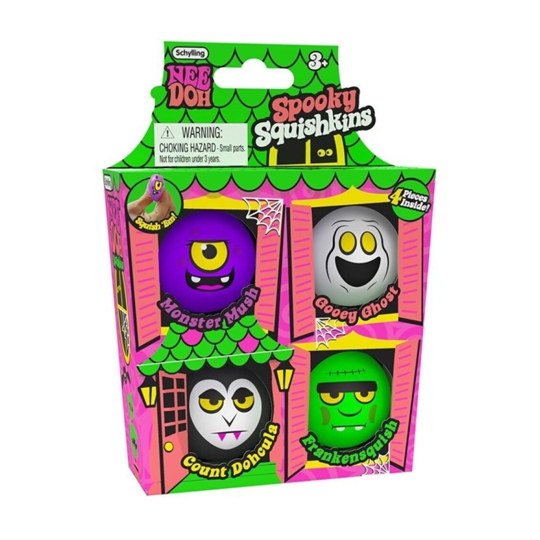 NeeDoh Spooky Squishkins haunted house packaging with four monster squish balls